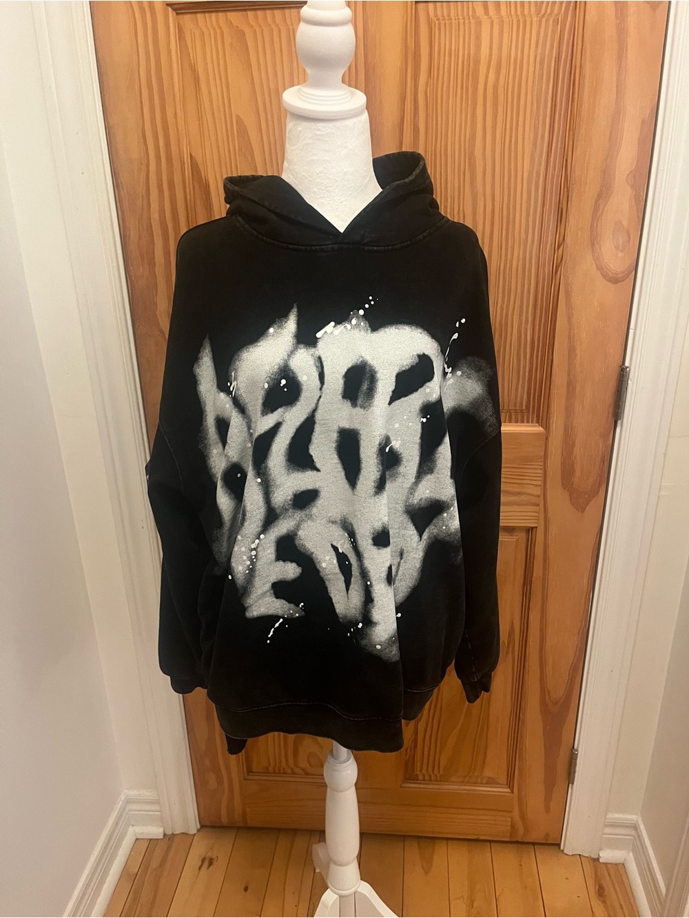 Aelfric Eden Black Hoodie with White Spray Paint Graphic